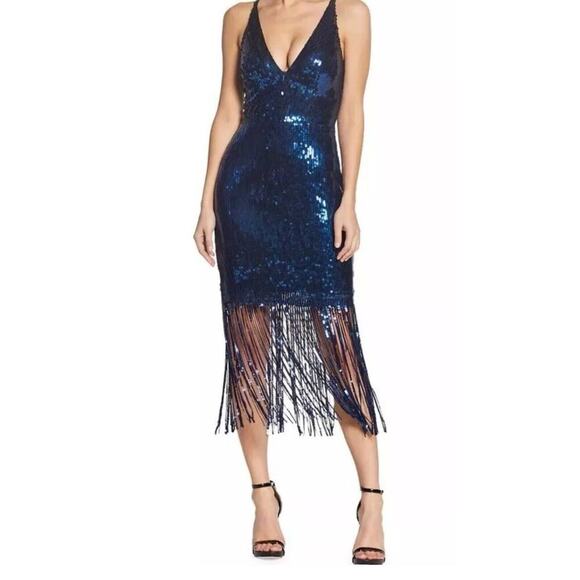 Dress The Population Dress Sz XXL Blue Sequin Fringe Formal Party Wedding Plus - Picture 3 of 6